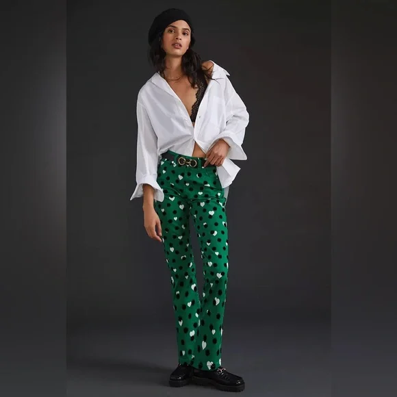 Anthropologie Maeve The Cigarette Slim Heart Printed Jeans Green Size 30 - Picture 1 of 8